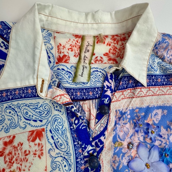 Aratta Coral, Blue & White Patchwork Button-Up - Picture 2 of 16